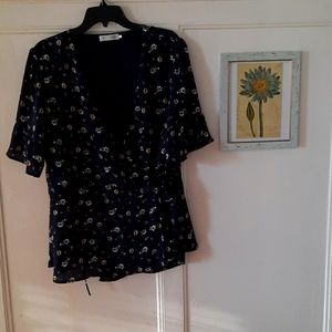 2/$15 Blue flower pattern wrap front blouse
